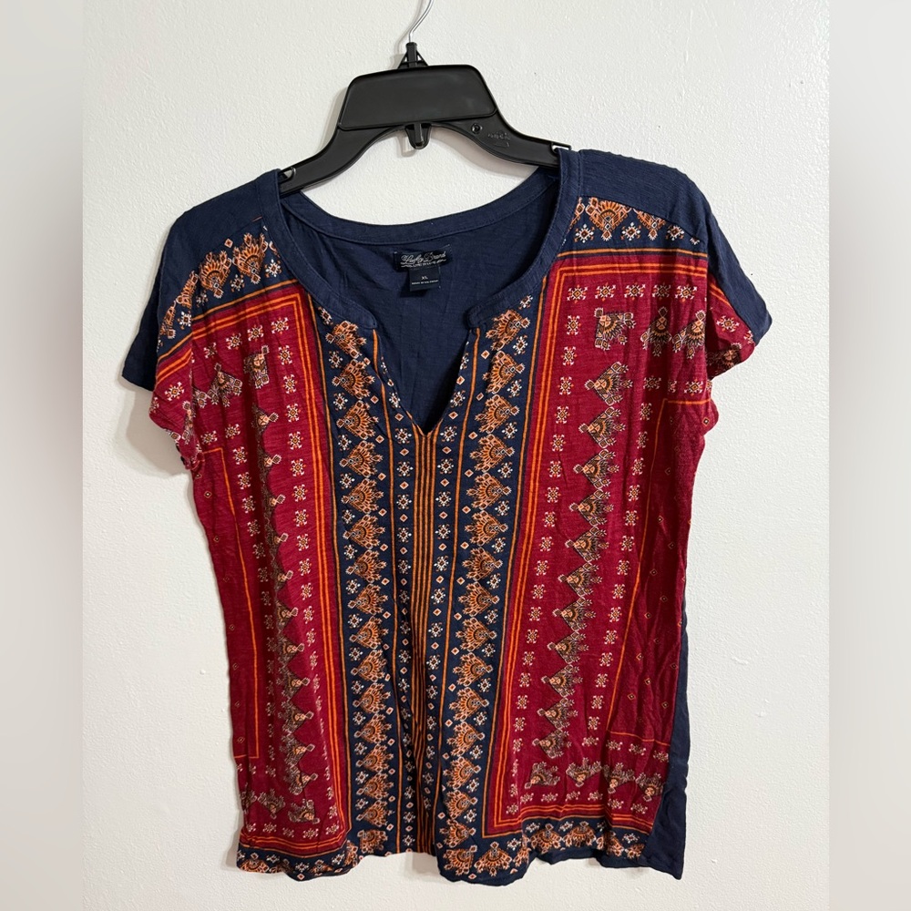 Lucky Brand Red and Blue Short Sleeve Boho Print Top Sz XL